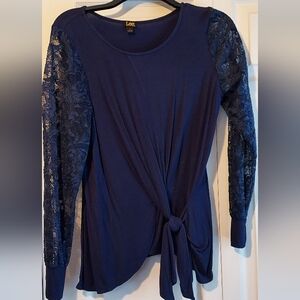 Lee Womens Navy Blue Knit Top Size S Long Lace Sleeve Round Neck Mock Tie Front